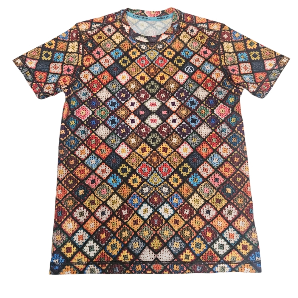INKnBURN Men Boho‎ Patchwork Diamond Tech Shirt Sz Small Art To Wear Performance